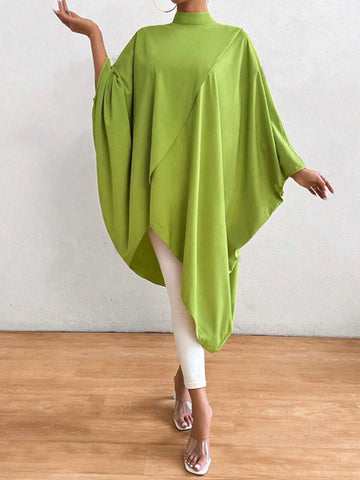 Asymmetric Solid Color Split-Joint Batwing Sleeves Loose High Neck Shirts Tops