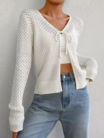 Solid Color Tied Long Sleeves Loose V-Neck Cardigan Tops