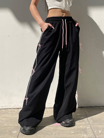 Bowknot Drawstring Elasticity Split-Joint Loose Wide Leg Trousers Pants