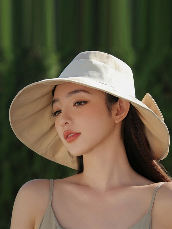 Bowknot Contrast Color Pleated Split-Joint Sun Hat Fisherman Hat