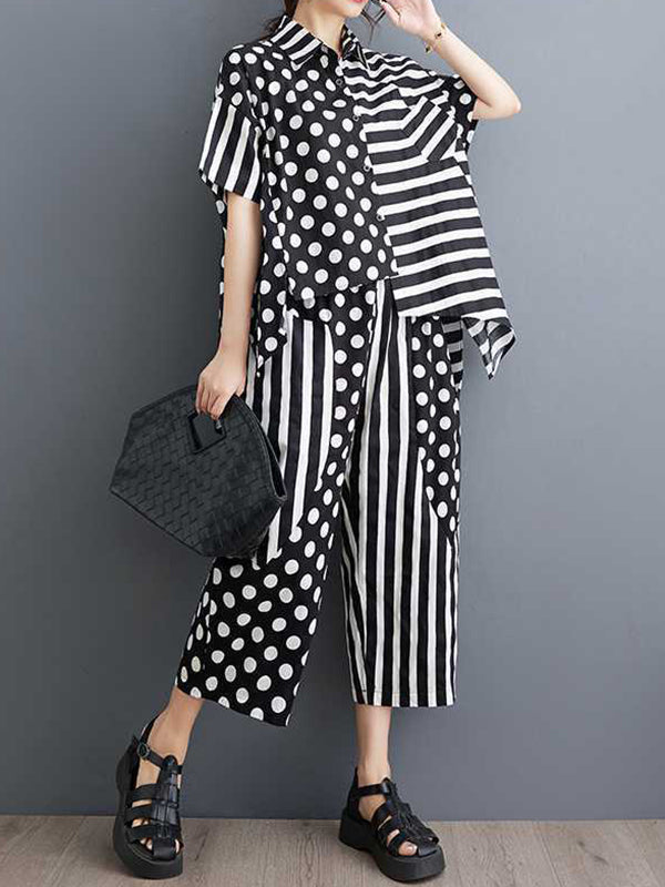 High-Low Asymmetric Half Sleeves Contrast Color Polka-Dot Split-Side Striped Lapel Blouses Top + Pants Bottom Two Pieces Set