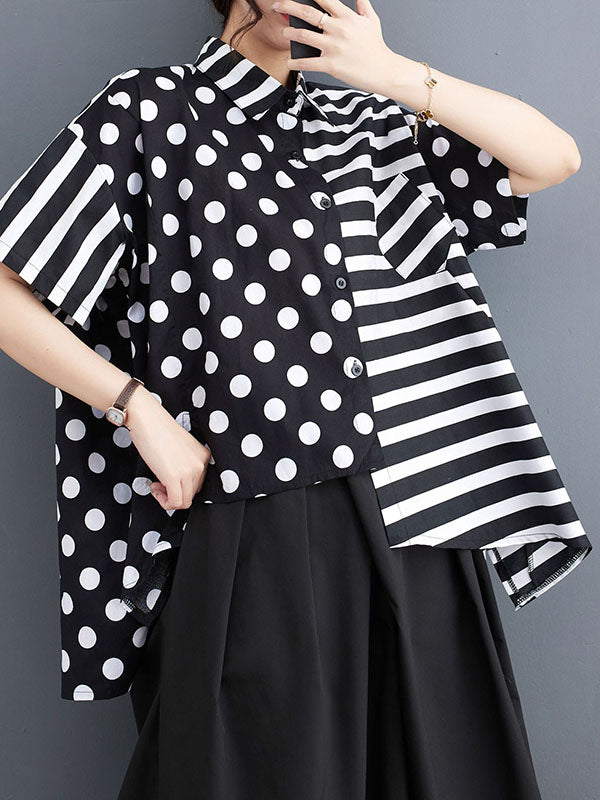 Buttoned Contrast Color Pockets Polka-Dot Split-Back Split-Joint Striped Loose Short Sleeves Lapel Blouses&Shirts Tops