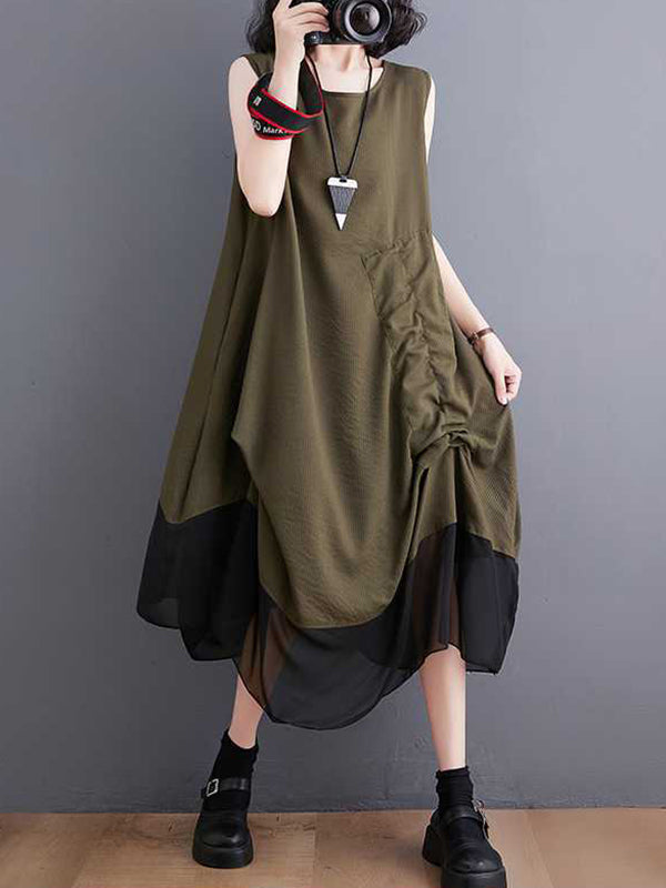 Pleated Split-Joint Irregularity Loose Round-Neck Midi Dresses