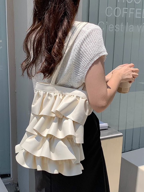 Layered Pleated Pockets Solid Color Zipper Handbags