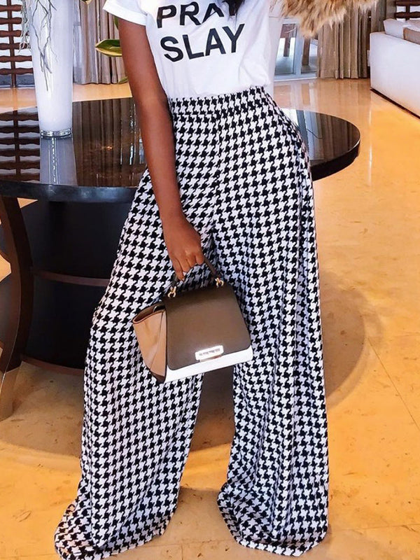 Houndstooth Loose Wide Leg Trousers Casual Pants Bottoms