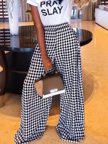 Houndstooth Loose Wide Leg Trousers Casual Pants Bottoms