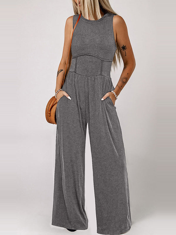 Pockets Pure Color High Waisted Roomy Round-Neck Jumpsuits