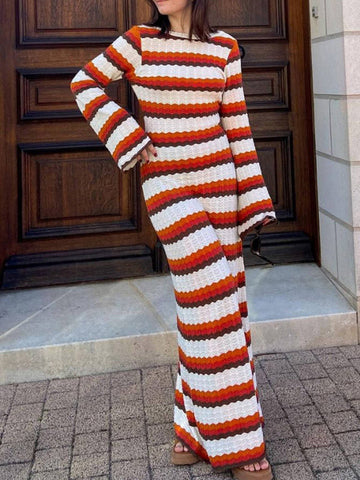 Backless Split-Joint Striped Long Sleeves Loose Round-Neck Sweater Dresses Maxi Dresses