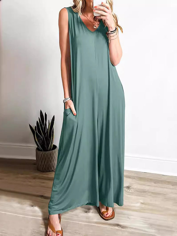 Pockets Plain Relaxed Fit Sleeveless V-neck Jumpsuits