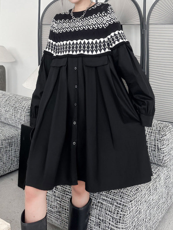 Buttoned Contrast Color Split-Joint A-Line Long Sleeves Round-Neck Mini Dresses