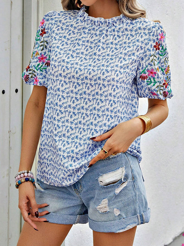 Elasticity Embroidered Flower Print Pleated Split-Joint Loose Short Sleeves Mock Neck T-Shirts Tops