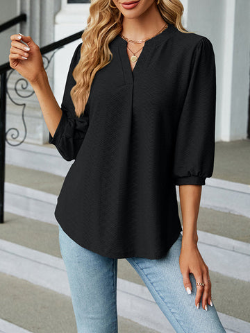 Jacquard Pleated Solid Color Split-Joint Loose Puff Sleeves V-Neck T-Shirts Tops