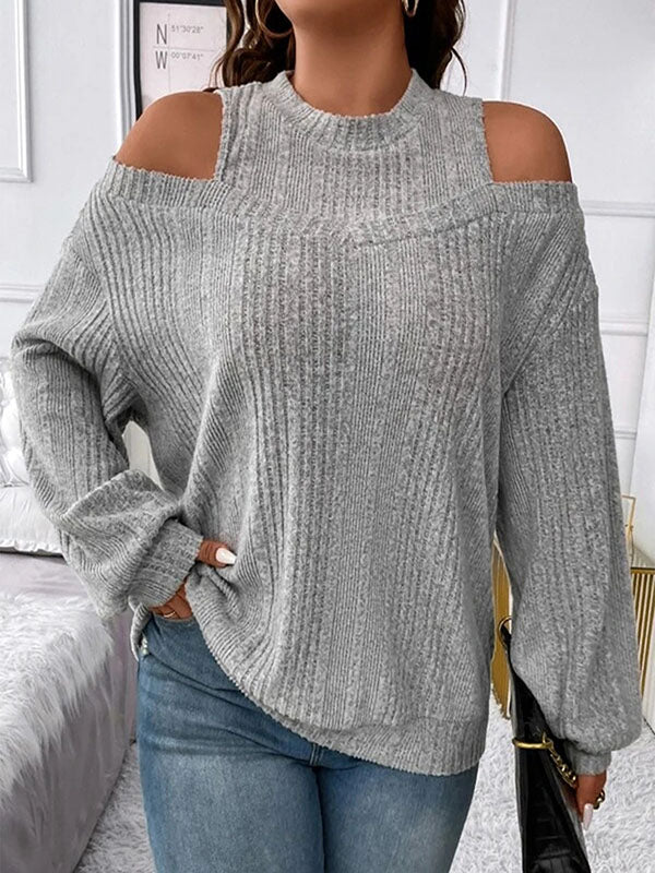 Hollow Solid Color Split-Joint Long Sleeves Loose Cold Shoulder T-Shirts Tops