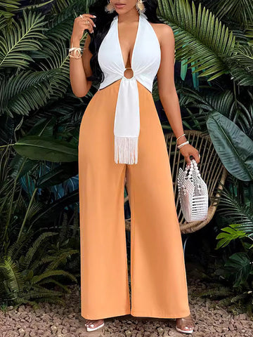 Elasticity Split-Joint Tasseled Tied Bodycon High Waisted Deep V-Neck Jumpsuits