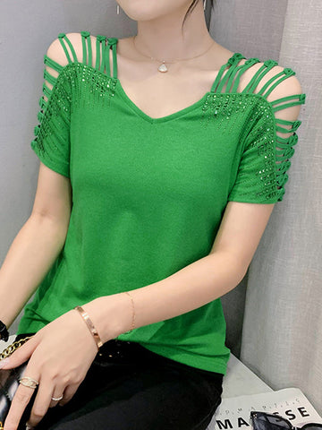 Hollow Rhine Stones Solid Color Split-Joint Loose Raglan Sleeve V-Neck T-Shirts Tops