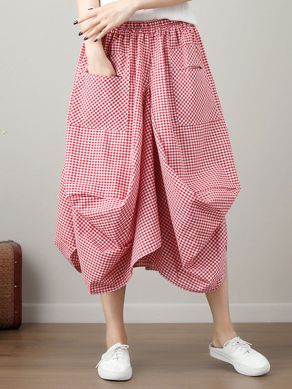 Elasticity Plaid Pleated Pockets High Waisted Irregularity Skirts