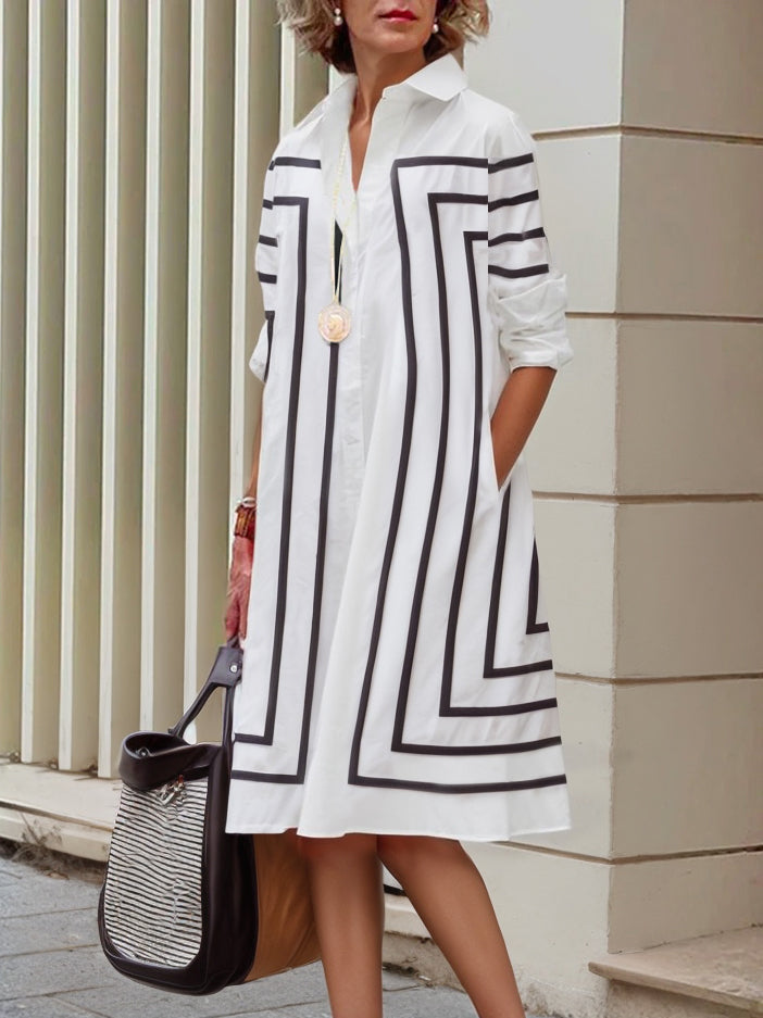 Buttoned Striped Half Sleeves Loose Lapel Shirt Midi Dresses