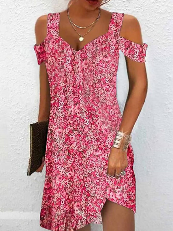 Flower Print Hollow A-Line High Waisted Cold Shoulder Mini Dresses