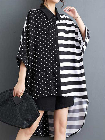 Buttoned Polka-Dot Striped Batwing Sleeves Half Sleeves Lapel Blouses&Shirts Tops