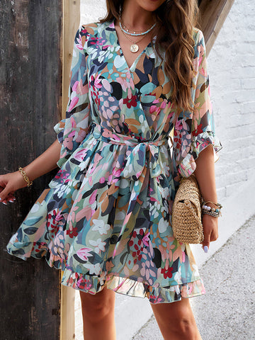 Flower Print Ruffle Trim Split-Joint Tied Waist Flared Sleeves Half Sleeves V-neck Mini Dresses