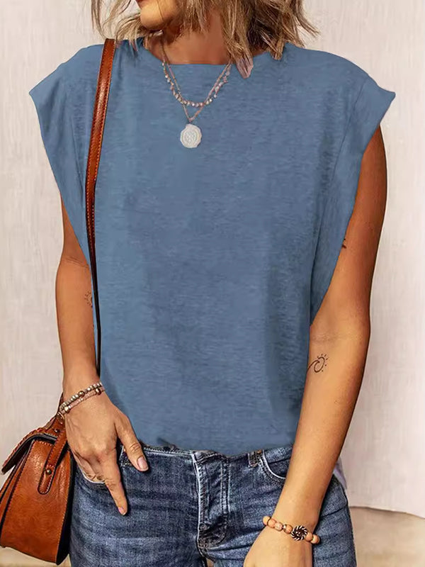 Solid Color Split-Joint Loose Sleeveless Round-Neck Vest Top