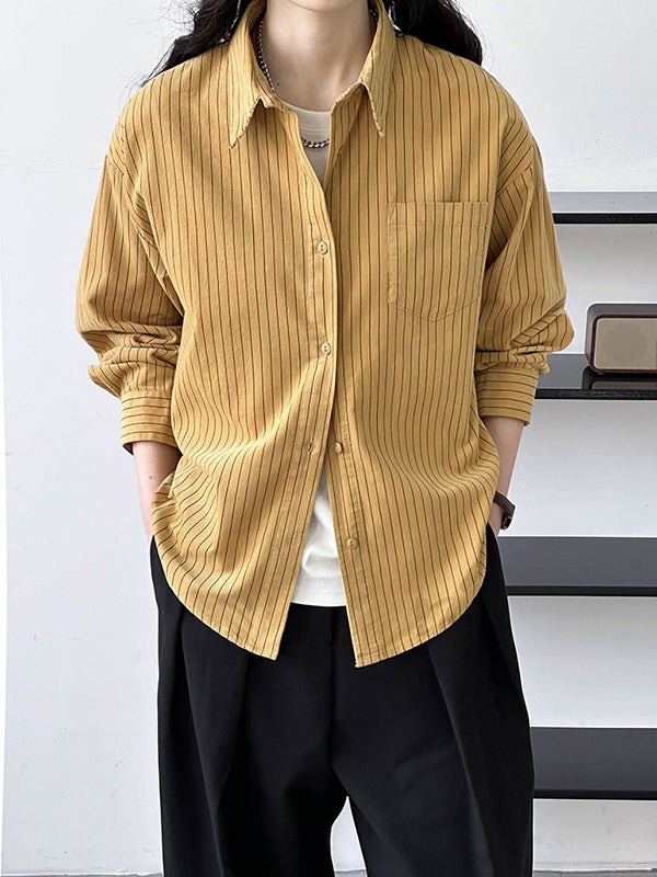 Buttoned Pockets Striped Long Sleeves Loose Lapel Blouses&Shirts Tops