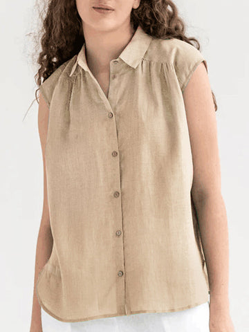 Buttoned Pleated Solid Color Loose Sleeveless Lapel Blouses&shirts Tops