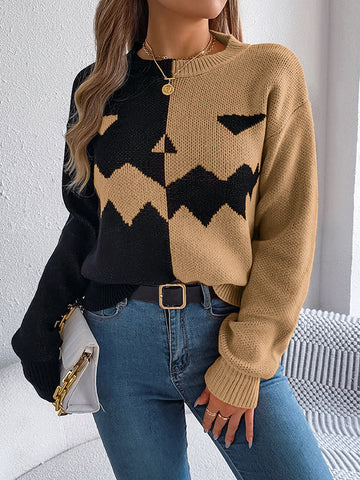 Contrast Color Split-Joint Long Sleeves Loose Round-Neck Sweater Tops Pullovers