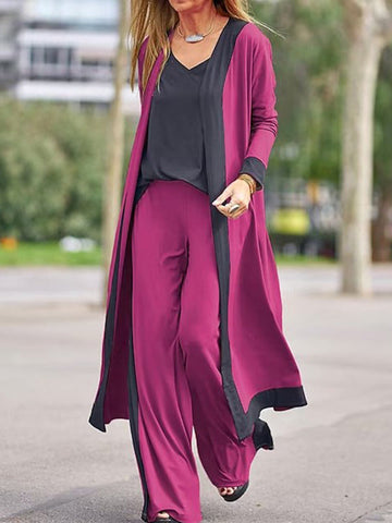 Loose Contrast Color Long Sleeves Outer Wear + V-Neck Inner Vest + Pants Bottom Three Pieces Set