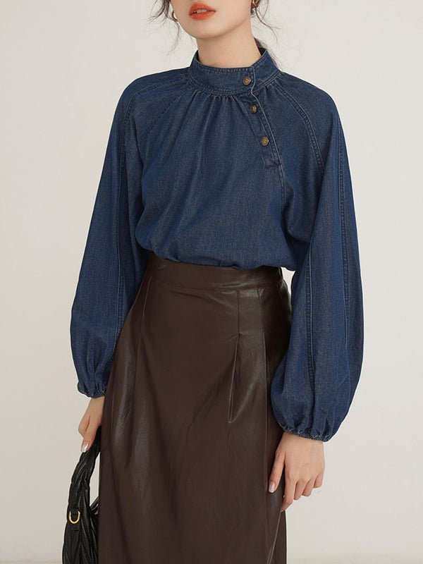 Asymmetric Pleated Split-Joint Loose Puff Sleeves High Neck Blouses&Shirts Tops