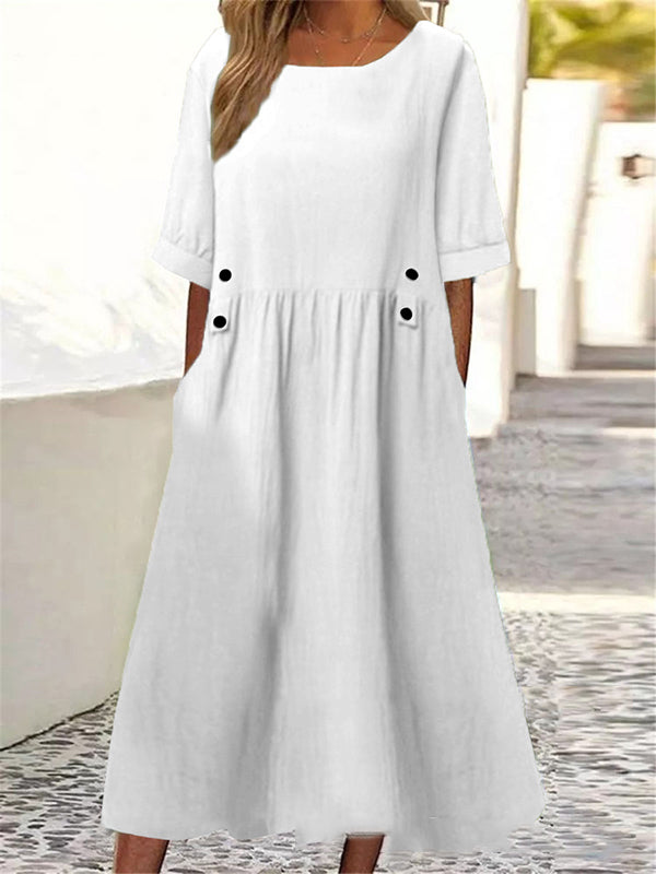 Buttoned Pleated Pockets A-Line Loose Round-Neck Midi Dresses