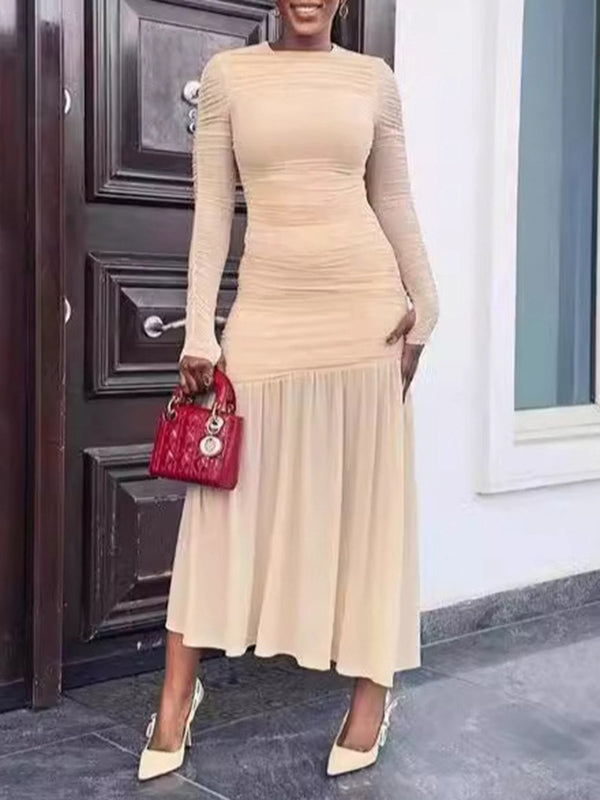 Pleated See-Through Solid Color Split-Joint Long Sleeves Skinny Round-Neck Maxi Dresses Evening Dresses