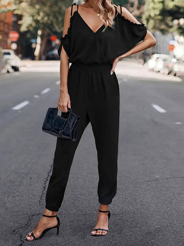 Elasticity Pleated Solid Color Tied High Waisted Sleeveless Cold Shoulder Jumpsuits