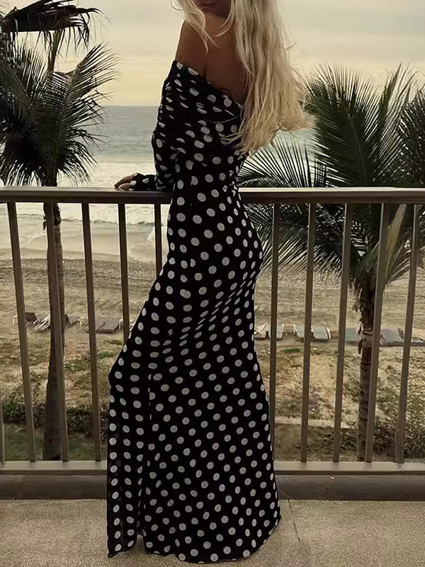 Pleated Polka-Dot Split-Joint Long Sleeves Skinny Tube Maxi Dresses