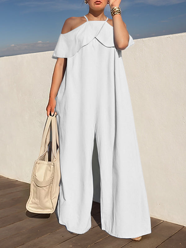 Solid Color Zipper High Waisted Loose Cold Shoulder Jumpsuits