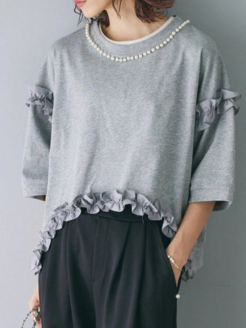 Beaded Ruffled Solid Color Half Sleeves Round-Neck T-Shirts Tops&Pants Two Pieces Set