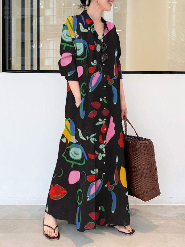 Buttoned Pockets Printed Long Sleeves Loose Lapel Shirt Dress Maxi Dresses