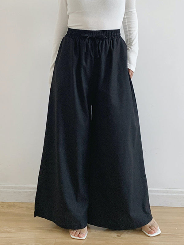 Drawstring Elasticity Pockets Solid Color High Waisted Loose Trousers Pants