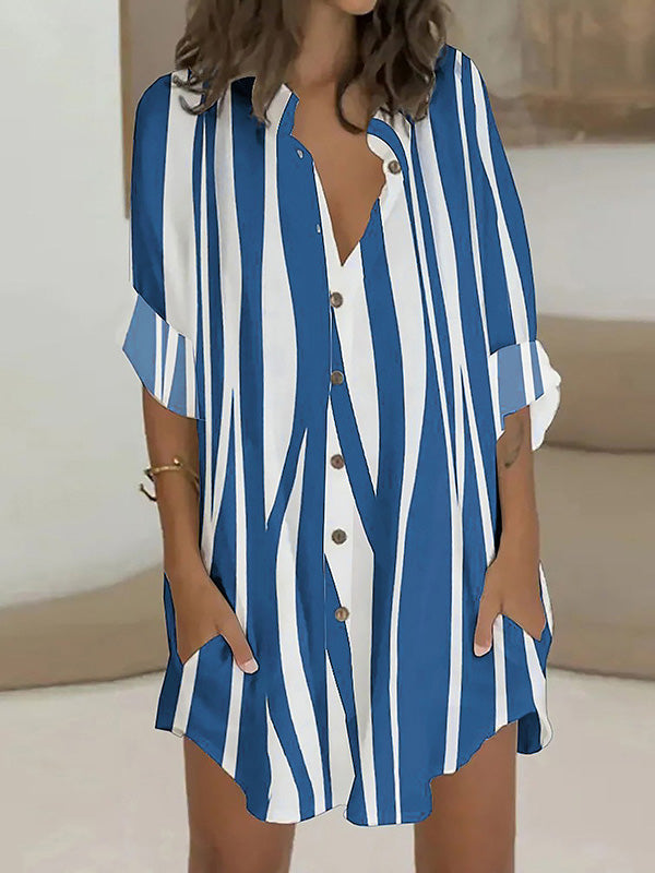 Buttoned Striped Long Sleeves Loose Lapel Shirt Dress Mini Dresses