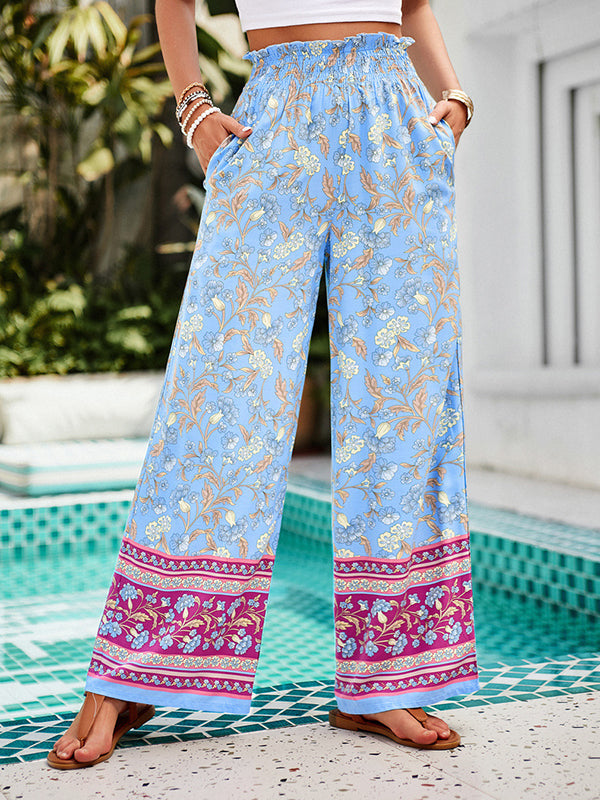 Elasticity Flower Print Pleated Pockets High Waisted Loose Trousers Pants