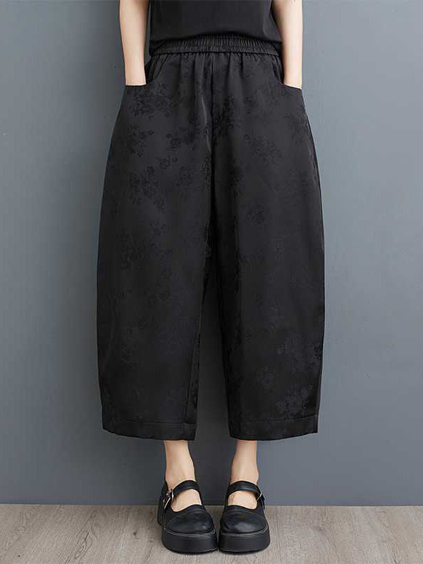 Elasticity Jacquard Pockets Solid Color Harem Pants High Waisted Trousers Ninth Pants