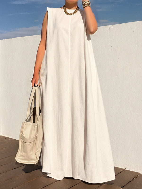 Shoulder Pad Solid Color Loose Sleeveless Round-neck Maxi Dresses