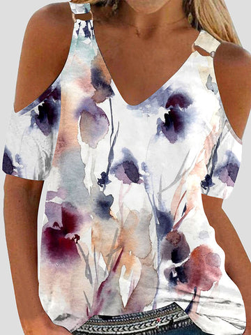 Flower Print Split-Joint Loose Short Sleeves Cold shoulder T-Shirts Tops