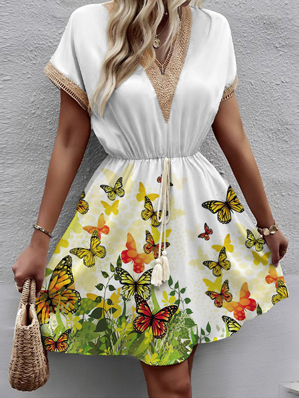 Butterfly Print Elasticity Hollow Split-Joint Tasseled Tied Waist A-Line Loose V-Neck Mini Dresses