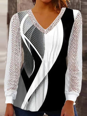 Printed See-Through Split-Joint Long Sleeves Loose V-neck T-Shirts Tops