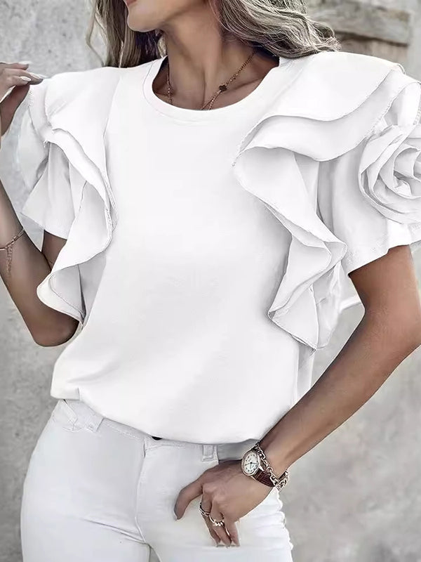 Ruffled Solid Color Three-Dimensional Flower Loose Ruffle Sleeves Round-neck T-Shirts Tops