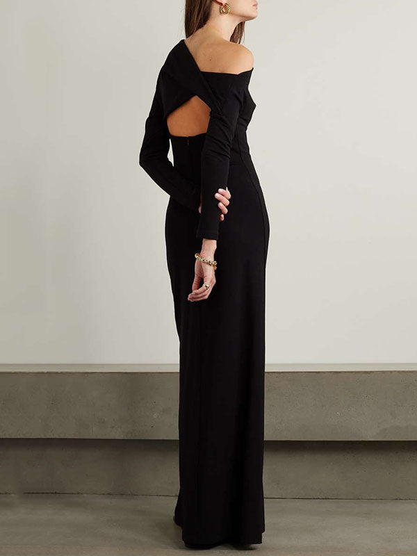 Back Cross Solid Color Long Sleeves One-shoulder Maxi Dresses Evening Dresses