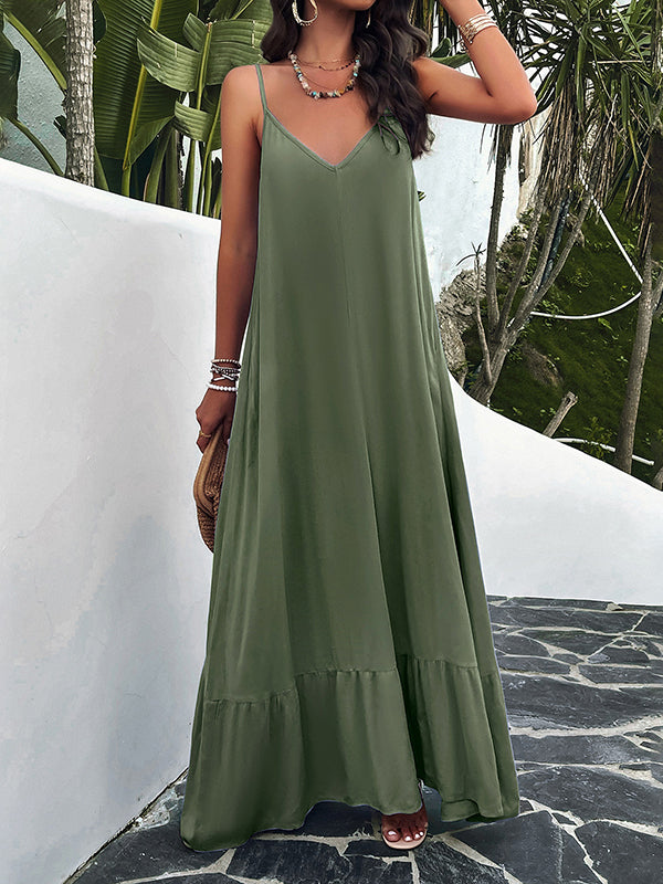 Pleated Solid Color Split-Joint Loose Sleeveless Spaghetti-Neck Maxi Dresses