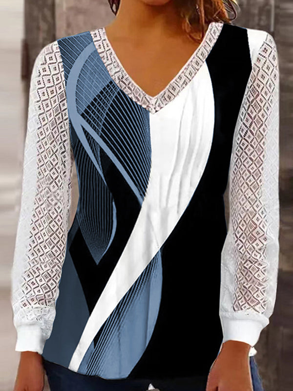 Printed See-Through Split-Joint Long Sleeves Loose V-neck T-Shirts Tops