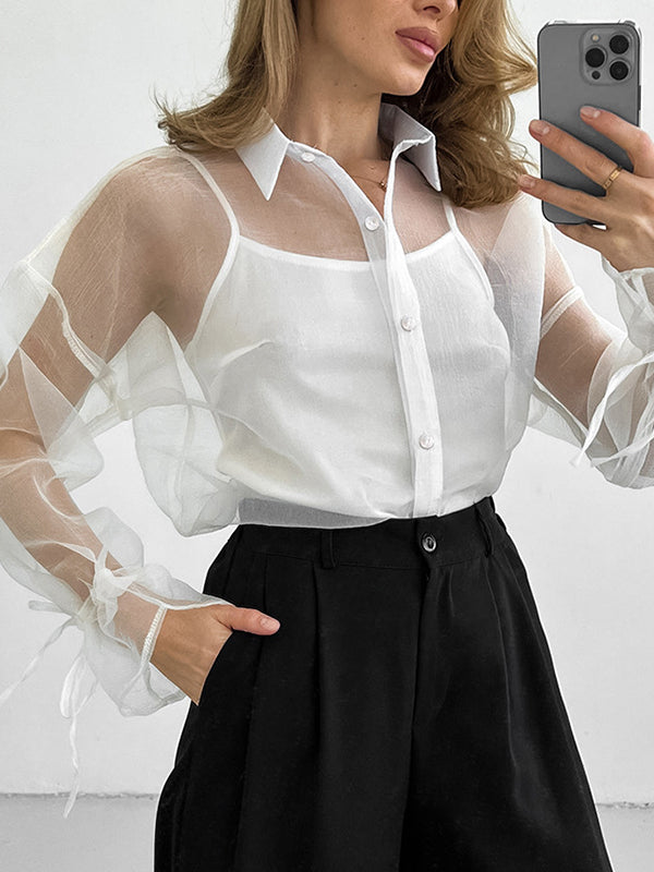 Buttoned Drawstring See-Through Long Sleeves Loose Lapel Blouses&shirts Tops